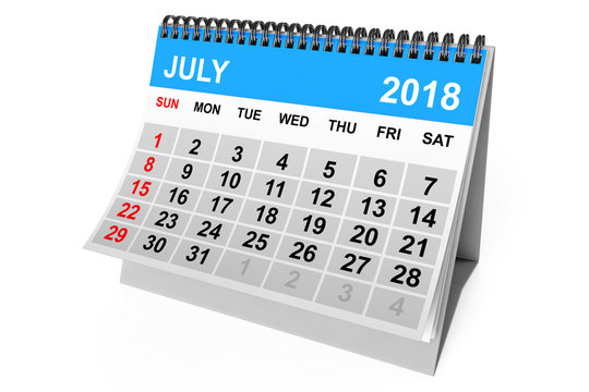 Calendar July 2018. 3d Rendering