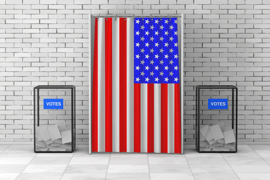 Ballot Boxes near White Voting Booth with Curtain and USA Flag. 3d Rendering