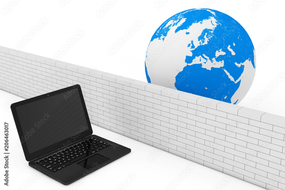 Poster firewall concept. laptop security by firewall in global network. 3d rendering