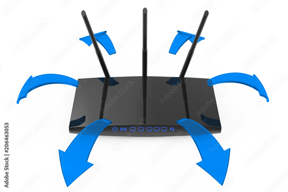 Aufkleber modern wifi router with glowing blue signal arrows. 3d rendering