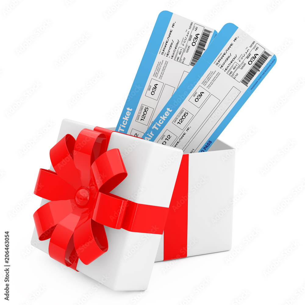 Poster airline boarding pass tickets come out of the gift box with red ribbon. 3d rendering
