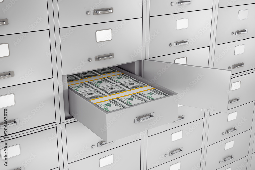 Aufkleber stack of dollars in opened bank safe deposit box. 3d rendering