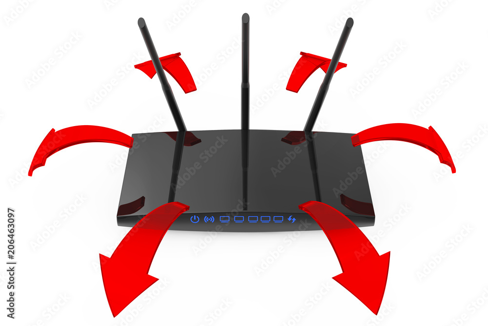 Poster modern wifi router with glowing red signal arrows. 3d rendering