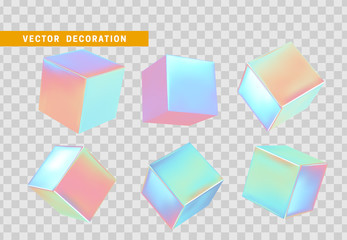 Design element set in shape of 3d cubes bright neon color. Square isolated with transparent background