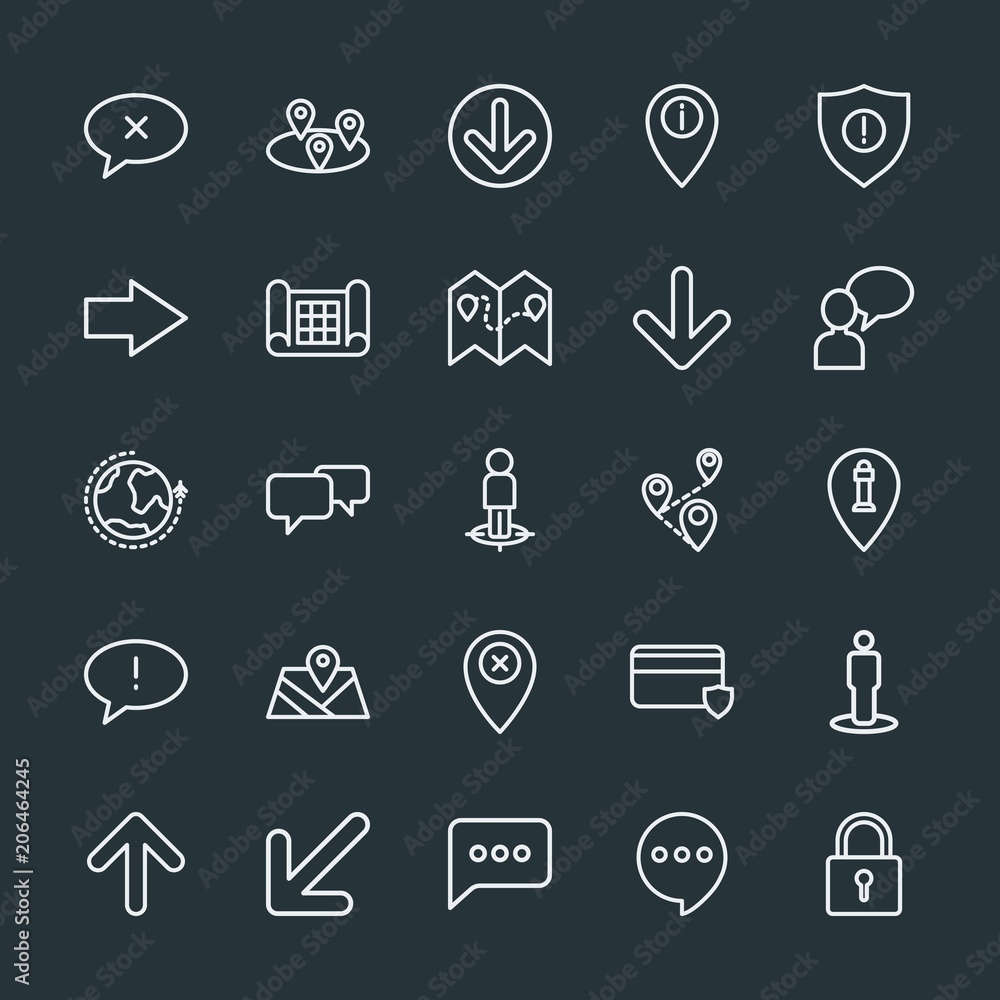 Poster modern simple set of location, arrows, chat and messenger, security vector outline icons. contains s