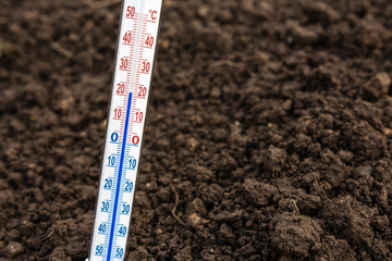 Thermometer for measuring soil temperature for gardening and planting plants against the background...