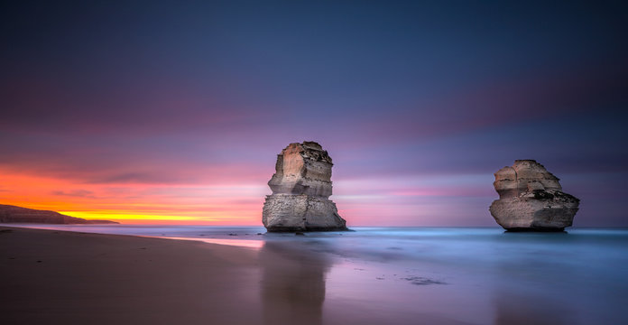 Two Of The Twelve Apostles At Sunrise From Gibsons Beach, Great Ocean Road, Victoria, Australia