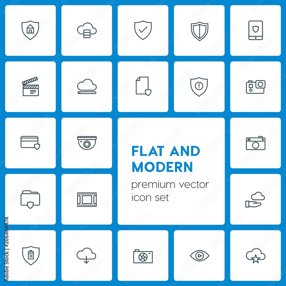 Poster modern simple set of cloud and networking, security, video, photos vector outline icons. contains su