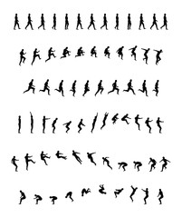 Walking, running, backflip, jogging, jumping, acrobatics, sports and healthy. man woman animation frames. Walk, run, jump actions vector illustration simple line icon symbol pictogram