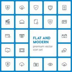 Modern Simple Set of cloud and networking, security, video, photos Vector outline Icons. Contains such Icons as  production,  tablet,  view and more on dark background. Fully Editable. Pixel Perfect