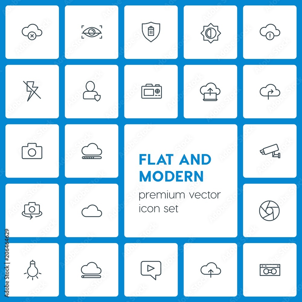 Poster modern simple set of cloud and networking, security, video, photos vector outline icons. contains su