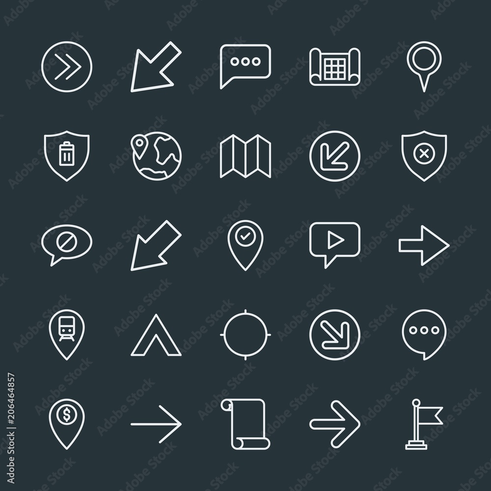 Poster modern simple set of location, arrows, chat and messenger, security vector outline icons. contains s