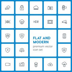 Modern Simple Set of cloud and networking, security, video, photos Vector outline Icons. Contains such Icons as airport,  lock,  buy,  eye and more on dark background. Fully Editable. Pixel Perfect