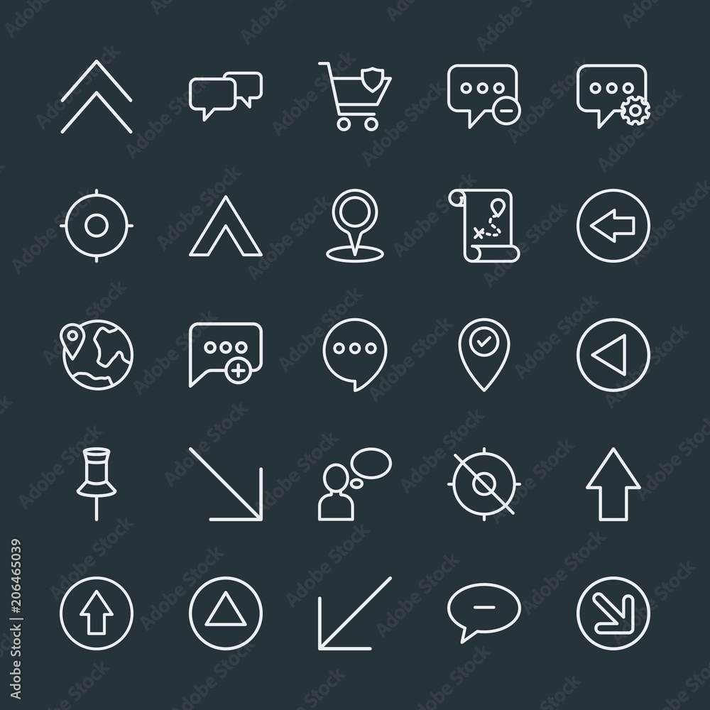 Poster modern simple set of location, arrows, chat and messenger, security vector outline icons. contains s