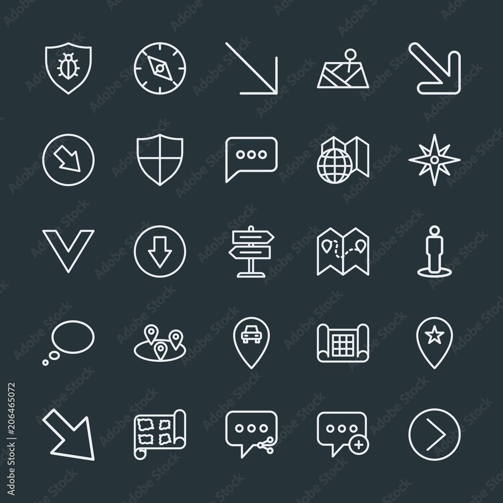Poster modern simple set of location, arrows, chat and messenger, security vector outline icons. contains s
