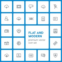 Modern Simple Set of cloud and networking, security, video, photos Vector outline Icons. Contains such Icons as  back,  scroll, lightning and more on dark background. Fully Editable. Pixel Perfect