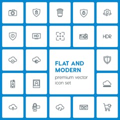 Modern Simple Set of cloud and networking, security, video, photos Vector outline Icons. Contains such Icons as  computer,  camera,  bug,  tv and more on dark background. Fully Editable. Pixel Perfect