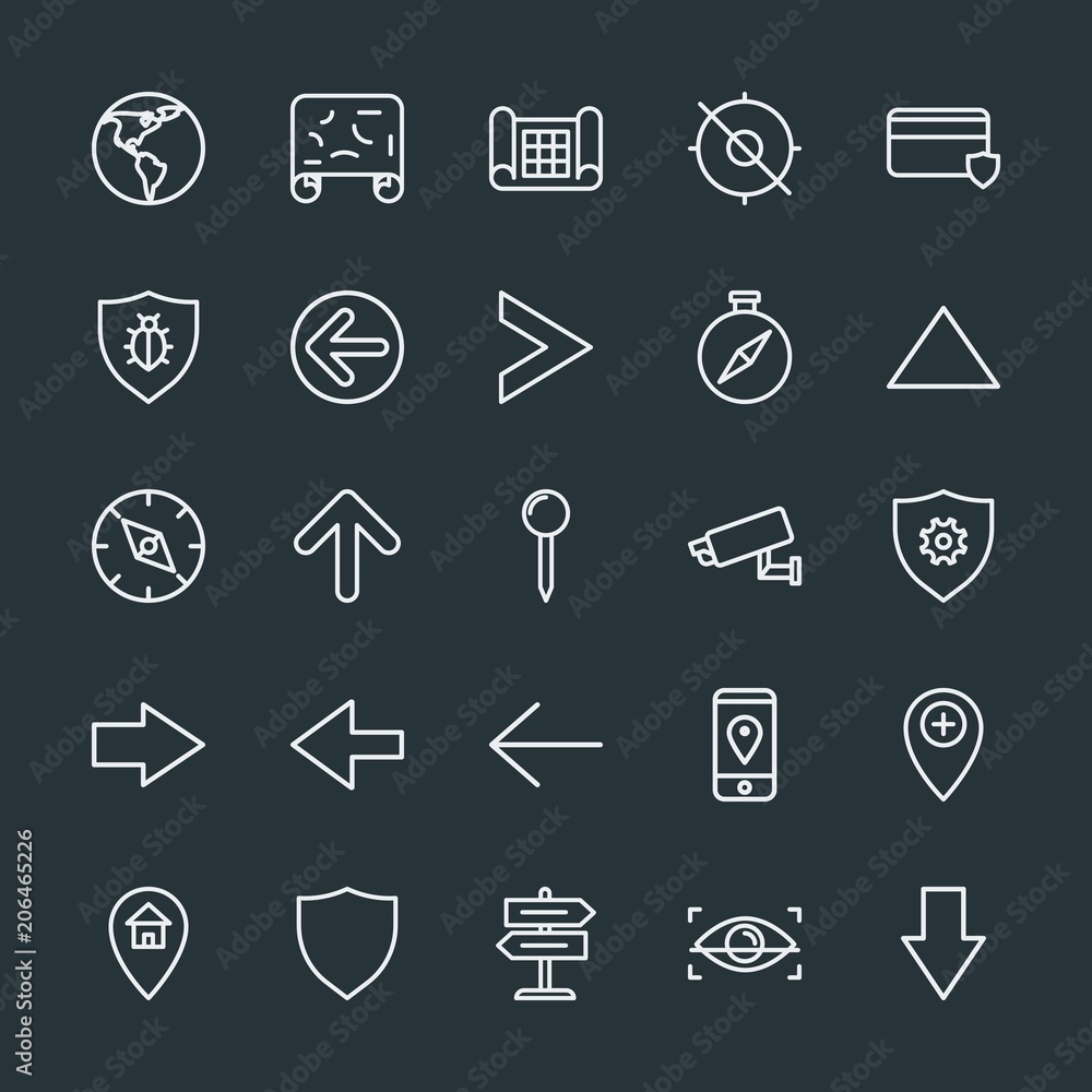 Poster modern simple set of location, arrows, chat and messenger, security vector outline icons. contains s