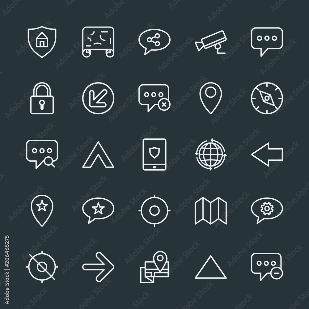 Poster modern simple set of location, arrows, chat and messenger, security vector outline icons. contains s