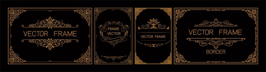 Pr	 Set of gold border and frame template with corner Thailand line floral for picture, Vector design decoration pattern Thai art style.frame border design is pattern - obrazy, fototapety, plakaty