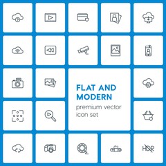 Modern Simple Set of cloud and networking, security, video, photos Vector outline Icons. Contains such Icons as  media,  sky,  update, camera and more on dark background. Fully Editable. Pixel Perfect