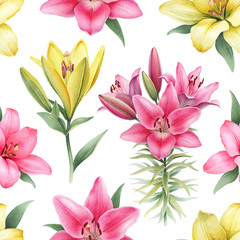 Obraz na płótnie Canvas Watercolor illustrations of lily flowers. Seamless pattern