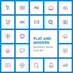 Modern Simple Set of cloud and networking, security, video, photos Vector outline Icons. Contains such Icons as movie, lightning,  digital and more on dark background. Fully Editable. Pixel Perfect