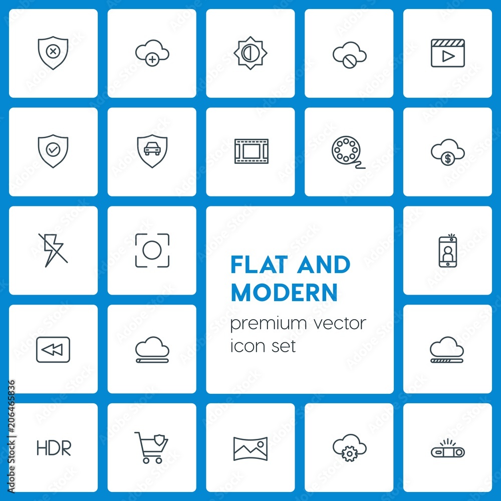 Poster modern simple set of cloud and networking, security, video, photos vector outline icons. contains su