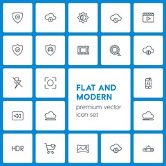 Modern Simple Set of cloud and networking, security, video, photos Vector outline Icons. Contains such Icons as  shot,  security,  abstract and more on dark background. Fully Editable. Pixel Perfect