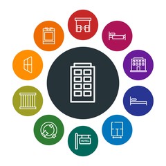buildings, furniture, housekeeping Infographic Colorful outline Icons Set. Contains such Icons as bed, oven,  sign,  gasoline,  cooking,  exterior,  furniture and more. Fully Editable. Pixel Perfect