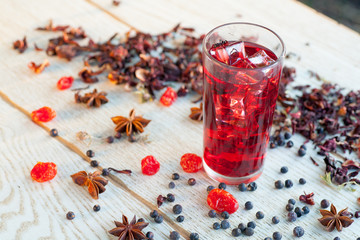 Red Hot Hibiscus tea in a glass mug