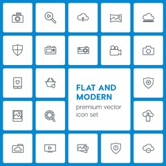 Modern Simple Set of cloud and networking, security, video, photos Vector outline Icons. Contains such Icons as  blue,  button,  online, sky and more on dark background. Fully Editable. Pixel Perfect