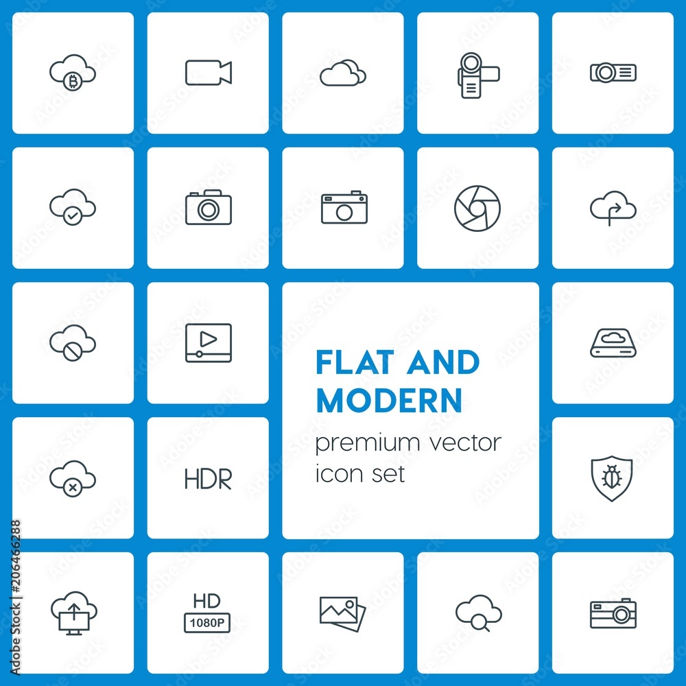 Poster modern simple set of cloud and networking, security, video, photos vector outline icons. contains su