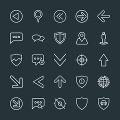 Modern Simple Set of location, arrows, chat and messenger, security Vector outline Icons. Contains such Icons as mobile,  up,  map, security and more on dark background. Fully Editable. Pixel Perfect.