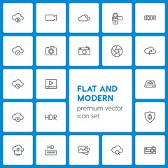 Modern Simple Set of cloud and networking, security, video, photos Vector outline Icons. Contains such Icons as hd,  bug,  security,  upload and more on dark background. Fully Editable. Pixel Perfect