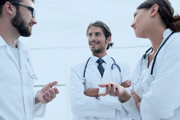 Group of medicine doctors talking during conference, bottom view