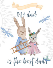 Best Dad, Happy Fathers Day, white background with blue clouds. Greeting card template. Bunny digital clip art. Geometric giftcard. Best father. Captain Bear. Dreamer dad. Text data ready card.