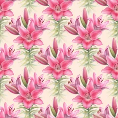 Fotobehang Watercolor illustrations of lily flowers. Seamless pattern © Aleksandra Smirnova