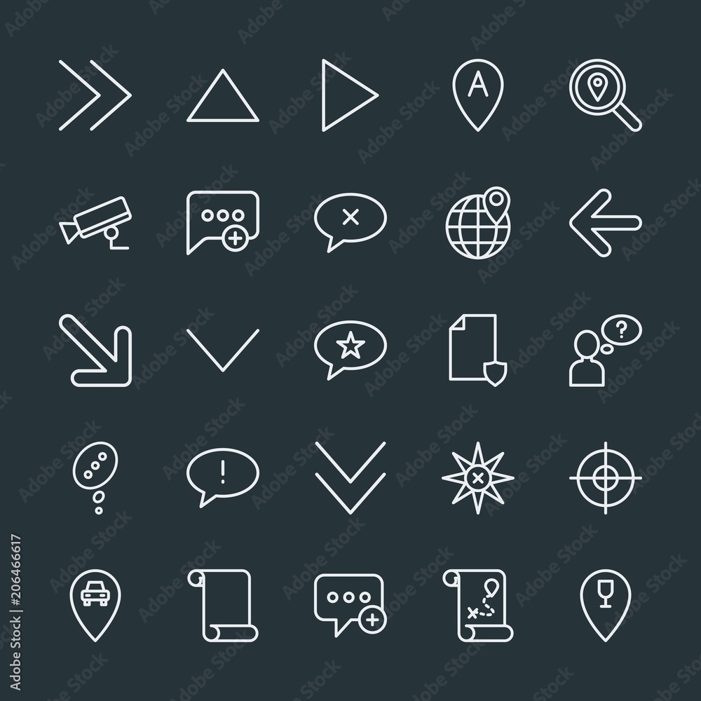 Poster modern simple set of location, arrows, chat and messenger, security vector outline icons. contains s