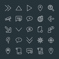 Modern Simple Set of location, arrows, chat and messenger, security Vector outline Icons. Contains such Icons as  navigation,  video, exit and more on dark background. Fully Editable. Pixel Perfect.