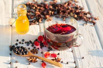Red Hot Hibiscus tea in a glass mug