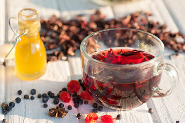 Red Hot Hibiscus tea in a glass mug