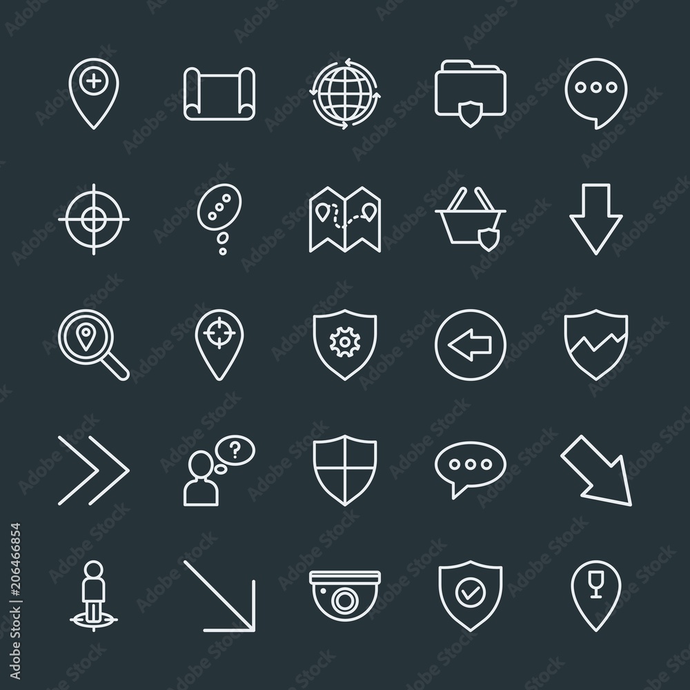 Aufkleber modern simple set of location, arrows, chat and messenger, security vector outline icons. contains s