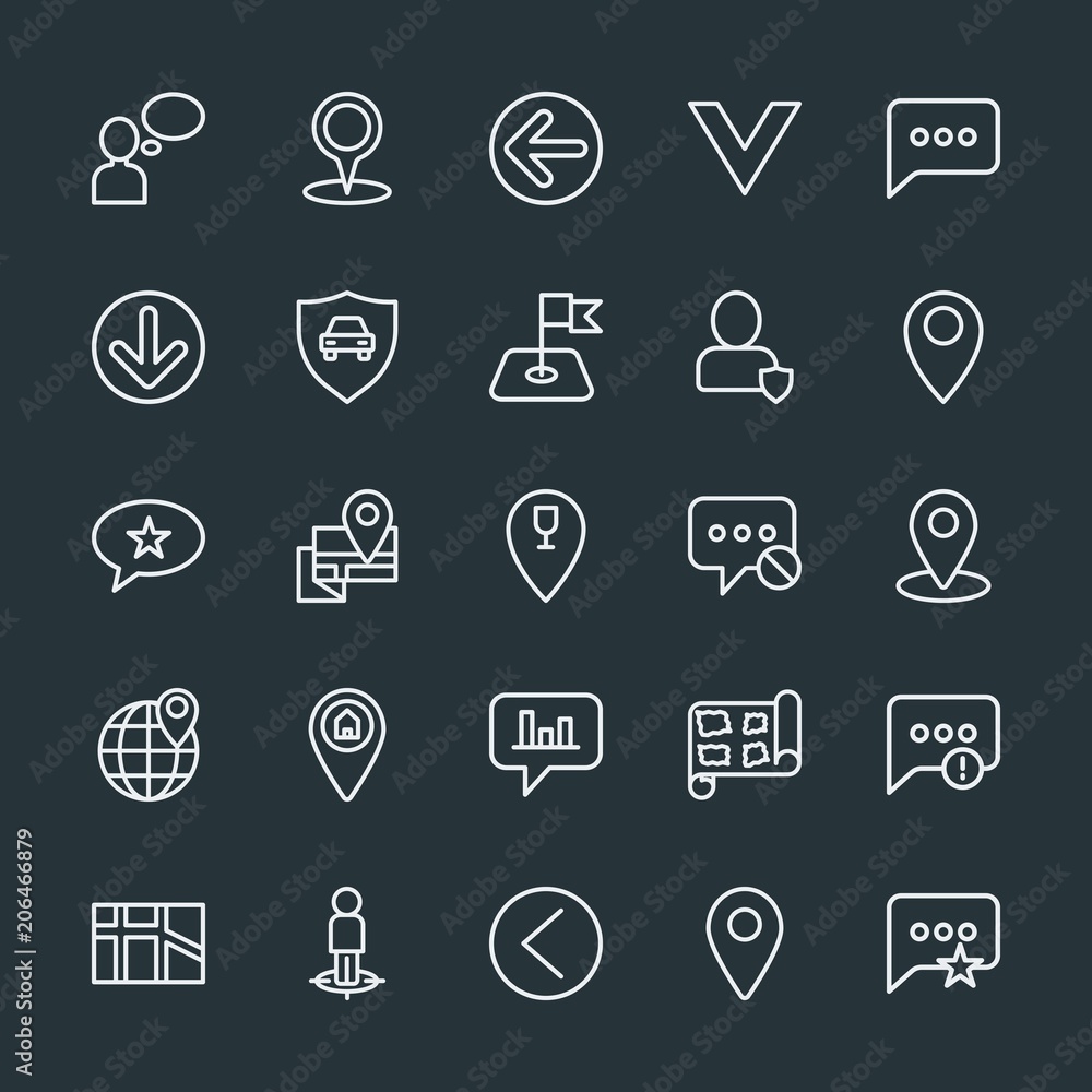 Poster modern simple set of location, arrows, chat and messenger, security vector outline icons. contains s