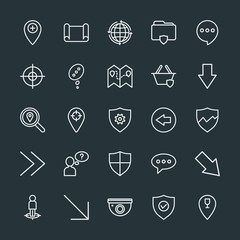 Modern Simple Set of location, arrows, chat and messenger, security Vector outline Icons. Contains such Icons as target,  street, diagonal and more on dark background. Fully Editable. Pixel Perfect.