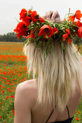 Naklejka premium A beautiful, young blond girl with a wreath of poppy flower on her head, amongst the poppy fields.