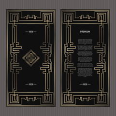Vector card. Art Deco style. Dark golden geometric frame on black background. Luxury menu concept with logo.