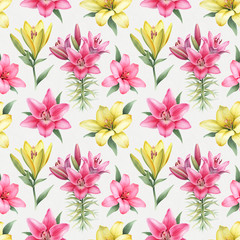 Obraz premium Watercolor illustrations of lily flowers. Seamless pattern