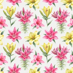 Fotobehang Watercolor illustrations of lily flowers. Seamless pattern © Aleksandra Smirnova