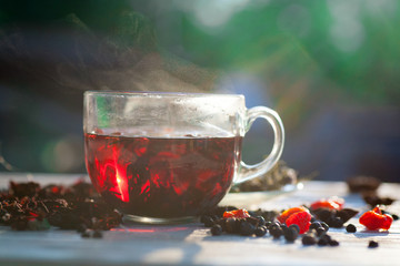 Red Hot Hibiscus tea in a glass mug